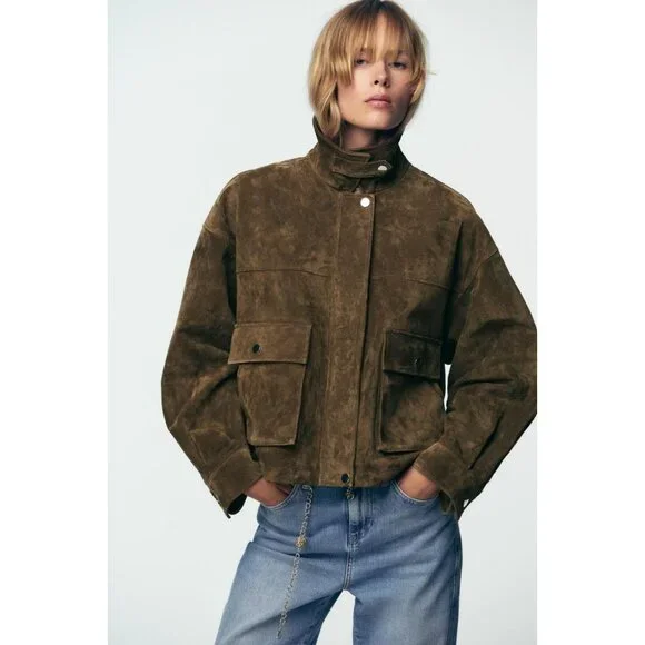 ZARA 100% LEATHER BOMBER JACKET - Picture 3 of 14